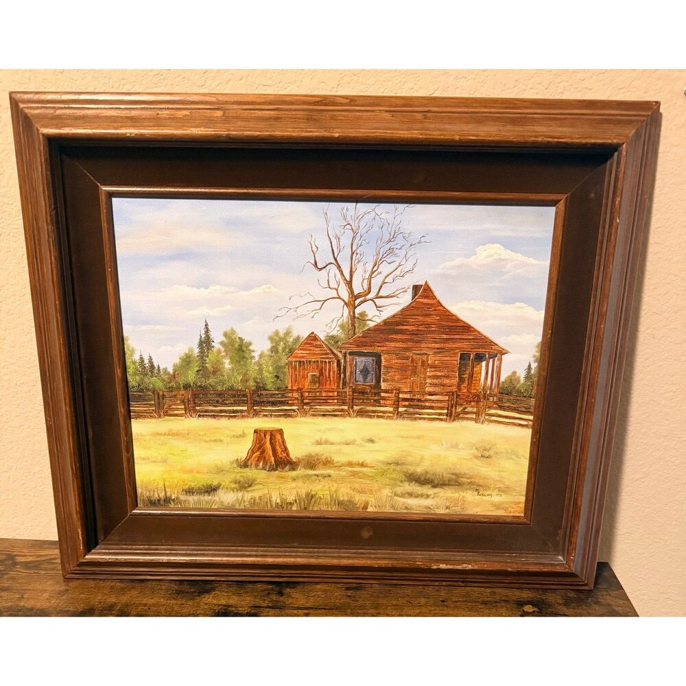 Vintage MCM Country Cottage Folk Art  Painting With Suede Frame Keeling 1979